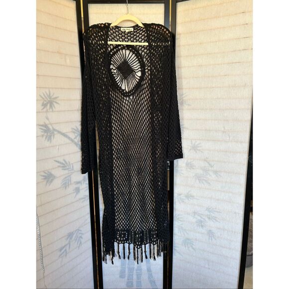 Indigo Thread Co. Black Crochet Duster Kimono Cardigan L Boho Festival Beaded Fr - Picture 1 of 10